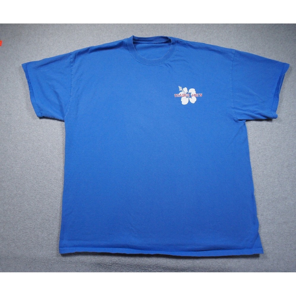 Trader Joes Shirt Mens XL Blue Hibiscus Logo Crew Neck Short Sleeve Grocery Tee